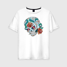 Женская футболка хлопок Oversize с принтом Череп с цветами в Санкт-Петербурге, 100% хлопок | свободный крой, круглый ворот, спущенный рукав, длина до линии бедер
 | 8 марта | day of the dead | gothic | halloween | skull | sugar skull | день мертвых | женский череп | мексиканский череп | новый год | подарок | сахарный череп | хэллоуин | человек | череп девушки