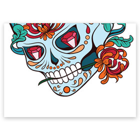 Поздравительная открытка с принтом Череп с цветами в Санкт-Петербурге, 100% бумага | плотность бумаги 280 г/м2, матовая, на обратной стороне линовка и место для марки
 | 8 марта | day of the dead | gothic | halloween | skull | sugar skull | день мертвых | женский череп | мексиканский череп | новый год | подарок | сахарный череп | хэллоуин | человек | череп девушки