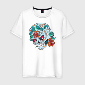 Мужская футболка хлопок с принтом Череп с цветами в Санкт-Петербурге, 100% хлопок | прямой крой, круглый вырез горловины, длина до линии бедер, слегка спущенное плечо. | Тематика изображения на принте: 8 марта | day of the dead | gothic | halloween | skull | sugar skull | день мертвых | женский череп | мексиканский череп | новый год | подарок | сахарный череп | хэллоуин | человек | череп девушки
