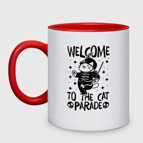 Кружка двухцветная с принтом Welcome to the cat parade в Санкт-Петербурге, керамика | объем — 330 мл, диаметр — 80 мм. Цветная ручка и кайма сверху, в некоторых цветах — вся внутренняя часть | gerard way | mcr | my chemical romance | альтернативный | группа | джерард уэй | май кемикал романс | мкр | мой химический роман | мхр | мцр | панк | поп | поппанк | рок | рэй торо