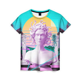 Женская футболка 3D с принтом Медуза Горгона в Санкт-Петербурге, 100% полиэфир ( синтетическое хлопкоподобное полотно) | прямой крой, круглый вырез горловины, длина до линии бедер | vaporwave | медуза горгона | неон | пальмы | скульптура | существо
