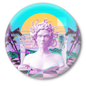Значок с принтом Медуза Горгона в Санкт-Петербурге,  металл | круглая форма, металлическая застежка в виде булавки | vaporwave | медуза горгона | неон | пальмы | скульптура | существо