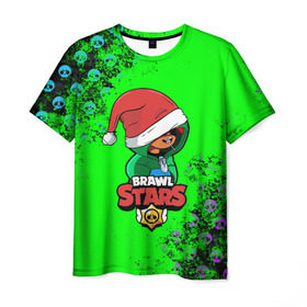 Мужская футболка 3D с принтом Brawl Stars LEON (НОВОГОДНИЙ) в Санкт-Петербурге, 100% полиэфир | прямой крой, круглый вырез горловины, длина до линии бедер | brawl | brawl stars | crow | leon | stars | бравл | бравл старс | браво старс | игра | компьютерная | кров | леон | онлайн | старс