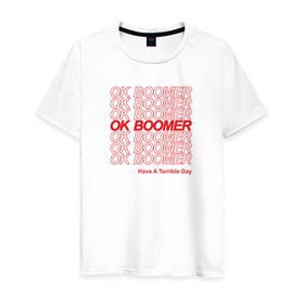 Мужская футболка хлопок с принтом OK BOOMER (RED) в Санкт-Петербурге, 100% хлопок | прямой крой, круглый вырез горловины, длина до линии бедер, слегка спущенное плечо. | boomer | boomers | generation | internet | meme | ok | ok boomer | young | бумеры | зумеры | интернет | мем | молодежь | ок | ок бумер | окей бумер | поколение