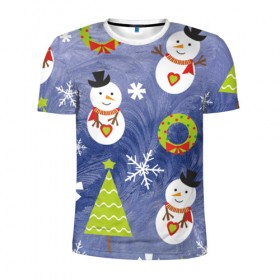 Мужская футболка 3D спортивная с принтом Снеговики и ёлочки в Санкт-Петербурге, 100% полиэстер с улучшенными характеристиками | приталенный силуэт, круглая горловина, широкие плечи, сужается к линии бедра | 2020 | christmas | happy | merry | new year | в подарок | детский | елки | милый | новый год | поздравить | рождество | с новым годом | с рождеством | снеговик | снеговики | снежинки