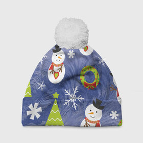 Шапка 3D c помпоном с принтом Снеговики и ёлочки в Санкт-Петербурге, 100% полиэстер | универсальный размер, печать по всей поверхности изделия | 2020 | christmas | happy | merry | new year | в подарок | детский | елки | милый | новый год | поздравить | рождество | с новым годом | с рождеством | снеговик | снеговики | снежинки