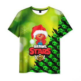 Мужская футболка 3D с принтом BRAWL STARS: LEON НОВОГОДНИЙ. в Санкт-Петербурге, 100% полиэфир | прямой крой, круглый вырез горловины, длина до линии бедер | brawl stars | leon | moba | бравл старс | жанр | игра | леон | лого | логотип | надпись