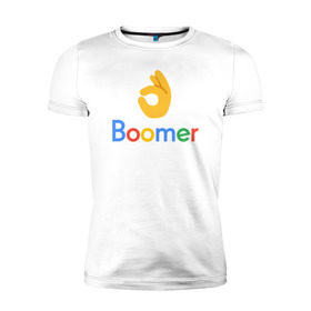 Мужская футболка премиум с принтом Окей, бумер (OK Boomer) в Санкт-Петербурге, 92% хлопок, 8% лайкра | приталенный силуэт, круглый вырез ворота, длина до линии бедра, короткий рукав | 