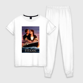 Женская пижама хлопок с принтом Titanic в Санкт-Петербурге, 100% хлопок | брюки и футболка прямого кроя, без карманов, на брюках мягкая резинка на поясе и по низу штанин | cameron | dawson | dicaprio | jack | james | kate | leonardo | liner | ocean | rose | titanic | джеймс | джек | дикаприо | доусон | кейт | кэмерон | лайнер | леонардо | океан | роза | титаник | уинслет