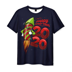 Мужская футболка 3D с принтом Happy New Year 2020 в Санкт-Петербурге, 100% полиэфир | прямой крой, круглый вырез горловины, длина до линии бедер | christmas | claus | jingle | merry | santa | елка | клаус | куранты | мишура | мороз | олени | подарки | праздник | ракета | рождество | салют | санта | снеговик | снежинки | сочельник