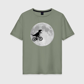 Женская футболка хлопок Oversize с принтом T-rex Riding a Bike в Санкт-Петербурге, 100% хлопок | свободный крой, круглый ворот, спущенный рукав, длина до линии бедер
 | moon | велосипед | дино | динозавр | кино | космос | луна | парк юрского периода | планета | тень | тирекс | фильм | юрский период