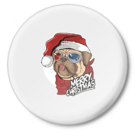 Значок с принтом Мопс Санта в Санкт-Петербурге,  металл | круглая форма, металлическая застежка в виде булавки | Тематика изображения на принте: 2020 | christmas | happy | merry | new year | pug | в подарок | мопс | новый год | пёс | поздравить | рождество | с наступающим | с новым годом | с рождеством | санта | собака | щенок