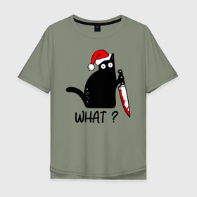 Мужская футболка хлопок Oversize с принтом Новогодний кот с ножом  в Санкт-Петербурге, 100% хлопок | свободный крой, круглый ворот, “спинка” длиннее передней части | cat | kitten | knife | what | дед мороз | кетчуп | кот | котёнок | кошка | кровь | новы год | нож | рождество | что | шапка