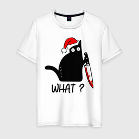 Мужская футболка хлопок с принтом Новогодний кот с ножом в Санкт-Петербурге, 100% хлопок | прямой крой, круглый вырез горловины, длина до линии бедер, слегка спущенное плечо. | cat | kitten | knife | what | дед мороз | кетчуп | кот | котёнок | кошка | кровь | новы год | нож | рождество | что | шапка