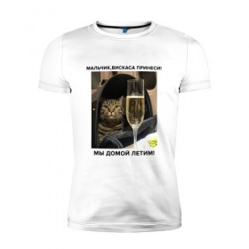 Мужская футболка премиум с принтом Кот-Недолет в Санкт-Петербурге, 92% хлопок, 8% лайкра | приталенный силуэт, круглый вырез ворота, длина до линии бедра, короткий рукав | брат | брат 2 | котики | коты | мемы | мемы с котами