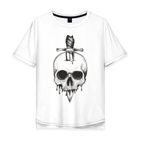 Мужская футболка хлопок Oversize с принтом Skull with dagger в Санкт-Петербурге, 100% хлопок | свободный крой, круглый ворот, “спинка” длиннее передней части | Тематика изображения на принте: death | fear | rose | rose and skull | rose and snake | skull | skull and snake | skulls | snake | snakes | змеи | змея | роза | роза и змея | роза и череп | череп | череп и змея | черепа