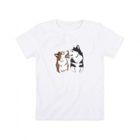 Детская футболка хлопок с принтом Две Хаски в Санкт-Петербурге, 100% хлопок | круглый вырез горловины, полуприлегающий силуэт, длина до линии бедер | Тематика изображения на принте: две хаски | друзья | питомцы | рисунок | собаки | хаски
