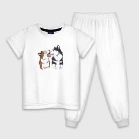 Детская пижама хлопок с принтом Две Хаски в Санкт-Петербурге, 100% хлопок |  брюки и футболка прямого кроя, без карманов, на брюках мягкая резинка на поясе и по низу штанин
 | Тематика изображения на принте: две хаски | друзья | питомцы | рисунок | собаки | хаски