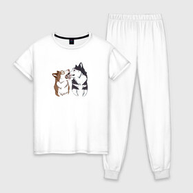 Женская пижама хлопок с принтом Две Хаски в Санкт-Петербурге, 100% хлопок | брюки и футболка прямого кроя, без карманов, на брюках мягкая резинка на поясе и по низу штанин | две хаски | друзья | питомцы | рисунок | собаки | хаски