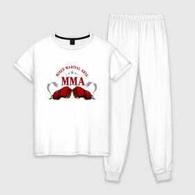 Женская пижама хлопок с принтом MMA в Санкт-Петербурге, 100% хлопок | брюки и футболка прямого кроя, без карманов, на брюках мягкая резинка на поясе и по низу штанин | mma | бокс | единоборства | смешанные | спорт