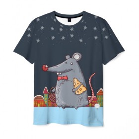 Мужская футболка 3D с принтом Мышка с сыром в Санкт-Петербурге, 100% полиэфир | прямой крой, круглый вырез горловины, длина до линии бедер | Тематика изображения на принте: 2020 | mouse | rat | годкрысы | годмыши | зима | зимняя | крыса | мороз | мышка | мышь | новогодняя | новый год | новый год 2020 | рождество | симолгода | снег | холод