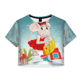 Женская футболка Cropp-top с принтом Милая мышка с сыром в Санкт-Петербурге, 100% полиэстер | круглая горловина, длина футболки до линии талии, рукава с отворотами | 2020 | mouse | rat | годкрысы | годмыши | зима | зимняя | крыса | мороз | мышка | мышь | новогодняя | новый год | новый год 2020 | рождество | симолгода | снег | холод