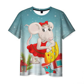 Мужская футболка 3D с принтом Милая мышка с сыром в Санкт-Петербурге, 100% полиэфир | прямой крой, круглый вырез горловины, длина до линии бедер | 2020 | mouse | rat | годкрысы | годмыши | зима | зимняя | крыса | мороз | мышка | мышь | новогодняя | новый год | новый год 2020 | рождество | симолгода | снег | холод