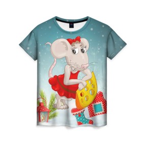 Женская футболка 3D с принтом Милая мышка с сыром в Санкт-Петербурге, 100% полиэфир ( синтетическое хлопкоподобное полотно) | прямой крой, круглый вырез горловины, длина до линии бедер | 2020 | mouse | rat | годкрысы | годмыши | зима | зимняя | крыса | мороз | мышка | мышь | новогодняя | новый год | новый год 2020 | рождество | симолгода | снег | холод