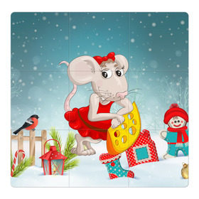 Магнитный плакат 3Х3 с принтом Милая мышка с сыром в Санкт-Петербурге, Полимерный материал с магнитным слоем | 9 деталей размером 9*9 см | 2020 | mouse | rat | годкрысы | годмыши | зима | зимняя | крыса | мороз | мышка | мышь | новогодняя | новый год | новый год 2020 | рождество | симолгода | снег | холод