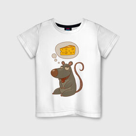 Детская футболка хлопок с принтом Мышка мечтает о сыре в Санкт-Петербурге, 100% хлопок | круглый вырез горловины, полуприлегающий силуэт, длина до линии бедер | 
