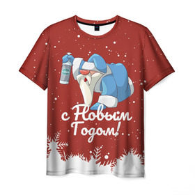 Мужская футболка 3D с принтом Пьяный Дед Мороз в Санкт-Петербурге, 100% полиэфир | прямой крой, круглый вырез горловины, длина до линии бедер | 