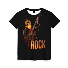 Женская футболка 3D с принтом rock в Санкт-Петербурге, 100% полиэфир ( синтетическое хлопкоподобное полотно) | прямой крой, круглый вырез горловины, длина до линии бедер | rock | skull | гитара | огонь | рок | скелет | череп