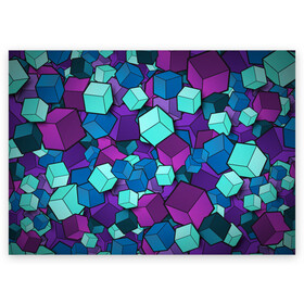 Поздравительная открытка с принтом Кубы в Санкт-Петербурге, 100% бумага | плотность бумаги 280 г/м2, матовая, на обратной стороне линовка и место для марки
 | абстрактно | абстрактные | абстрактный | абстрактным | абстракция | кубики | кубические | кубический | кубическое | кубы | неон | неонка | неоновые | разноцветные | светящиеся | цветное | цветные