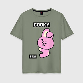 Женская футболка хлопок Oversize с принтом COOKY BT21 в Санкт-Петербурге, 100% хлопок | свободный крой, круглый ворот, спущенный рукав, длина до линии бедер
 | bt21 | bts | chimmy | cooky | koya | love yourself. | mang | rj | shooky | tata | бт21 | бтс