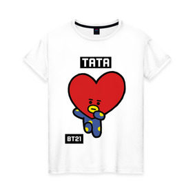 Женская футболка хлопок с принтом TATA BT21 в Санкт-Петербурге, 100% хлопок | прямой крой, круглый вырез горловины, длина до линии бедер, слегка спущенное плечо | bt21 | bts | chimmy | cooky | koya | love yourself. | mang | rj | shooky | tata | бт21 | бтс