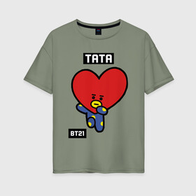 Женская футболка хлопок Oversize с принтом TATA BT21 в Санкт-Петербурге, 100% хлопок | свободный крой, круглый ворот, спущенный рукав, длина до линии бедер
 | Тематика изображения на принте: bt21 | bts | chimmy | cooky | koya | love yourself. | mang | rj | shooky | tata | бт21 | бтс