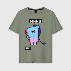 Женская футболка хлопок Oversize с принтом MANG BT21 в Санкт-Петербурге, 100% хлопок | свободный крой, круглый ворот, спущенный рукав, длина до линии бедер
 | bt21 | bts | chimmy | cooky | koya | love yourself. | mang | rj | shooky | tata | бт21 | бтс