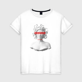 Женская футболка хлопок с принтом Медуза Горгона в Санкт-Петербурге, 100% хлопок | прямой крой, круглый вырез горловины, длина до линии бедер, слегка спущенное плечо | девушка | медуза горгона | миф | полосы | скульптура | стиль