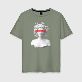Женская футболка хлопок Oversize с принтом Медуза Горгона в Санкт-Петербурге, 100% хлопок | свободный крой, круглый ворот, спущенный рукав, длина до линии бедер
 | девушка | медуза горгона | миф | полосы | скульптура | стиль