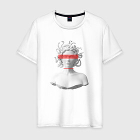Мужская футболка хлопок с принтом Медуза Горгона в Санкт-Петербурге, 100% хлопок | прямой крой, круглый вырез горловины, длина до линии бедер, слегка спущенное плечо. | девушка | медуза горгона | миф | полосы | скульптура | стиль