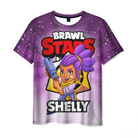 Мужская футболка 3D с принтом BRAWL STARS SHELLY в Санкт-Петербурге, 100% полиэфир | прямой крой, круглый вырез горловины, длина до линии бедер | Тематика изображения на принте: brawl stars | brawl stars shelly | brawler | shelly | бравл старз | бравлер | шелли