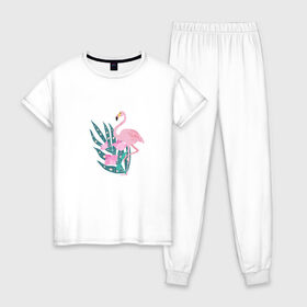 Женская пижама хлопок с принтом фламинго в Санкт-Петербурге, 100% хлопок | брюки и футболка прямого кроя, без карманов, на брюках мягкая резинка на поясе и по низу штанин | природа | птицы | фламинго