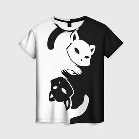 Женская футболка 3D с принтом ДВА КОТА КУВЫРКАЮТСЯ в Санкт-Петербурге, 100% полиэфир ( синтетическое хлопкоподобное полотно) | прямой крой, круглый вырез горловины, длина до линии бедер | black white | два кота кувыркаются | животные | котики | коты | черно белое