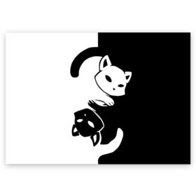 Поздравительная открытка с принтом ДВА КОТА КУВЫРКАЮТСЯ. в Санкт-Петербурге, 100% бумага | плотность бумаги 280 г/м2, матовая, на обратной стороне линовка и место для марки
 | black white | два кота кувыркаются | животные | котики | коты | черно белое