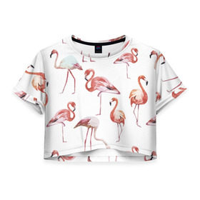 Женская футболка Cropp-top с принтом Розовый фламинго в Санкт-Петербурге, 100% полиэстер | круглая горловина, длина футболки до линии талии, рукава с отворотами | 