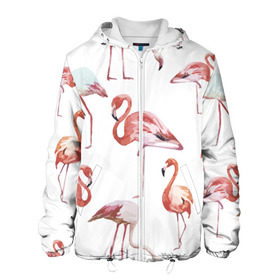 Мужская куртка 3D с принтом Розовый фламинго в Санкт-Петербурге, ткань верха — 100% полиэстер, подклад — флис | прямой крой, подол и капюшон оформлены резинкой с фиксаторами, два кармана без застежек по бокам, один большой потайной карман на груди. Карман на груди застегивается на липучку | 