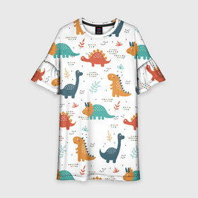 Детское платье 3D с принтом Милые динозавры в Санкт-Петербурге, 100% полиэстер | прямой силуэт, чуть расширенный к низу. Круглая горловина, на рукавах — воланы | dinosaurs | динозавр | динозавры | животные | игрушки | мульт динозавры | мультяшки динозавры | тиранозавр