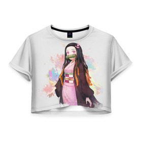Женская футболка Cropp-top с принтом Nezuko Kamado в Санкт-Петербурге, 100% полиэстер | круглая горловина, длина футболки до линии талии, рукава с отворотами | demon | kamado | nezuko | slayer | камадо | недзуко | незуко | нэдзуко | нэзуко