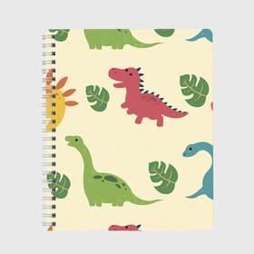 Тетрадь с принтом Динозаврики в Санкт-Петербурге, 100% бумага | 48 листов, плотность листов — 60 г/м2, плотность картонной обложки — 250 г/м2. Листы скреплены сбоку удобной пружинной спиралью. Уголки страниц и обложки скругленные. Цвет линий — светло-серый
 | dinosaurs | динозавр | динозавры | животные | игрушки | мульт динозавры | мультяшки динозавры | тиранозавр