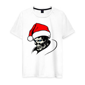 Мужская футболка хлопок с принтом Новогодний череп в Санкт-Петербурге, 100% хлопок | прямой крой, круглый вырез горловины, длина до линии бедер, слегка спущенное плечо. | clause | santa | дед | клаус | мороз | новый год | санта | санта клаус | скелет | череп